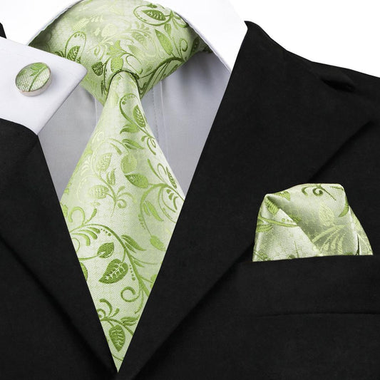 Green Floral Tie, Pocket Square and Cufflinks Set tie sets    - Sophisticated Gentlemen