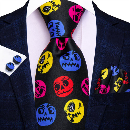 Black Halloween Necktie Set with Skull Design tie sets    - Sophisticated Gentlemen