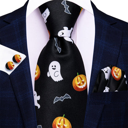 Black and Orange Halloween Necktie Set with Ghost and Jack-O'-Lantern Design tie sets    - Sophisticated Gentlemen