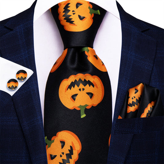 Black and Orange Halloween Necktie Set with Jack-O'-Lantern Design tie sets    - Sophisticated Gentlemen