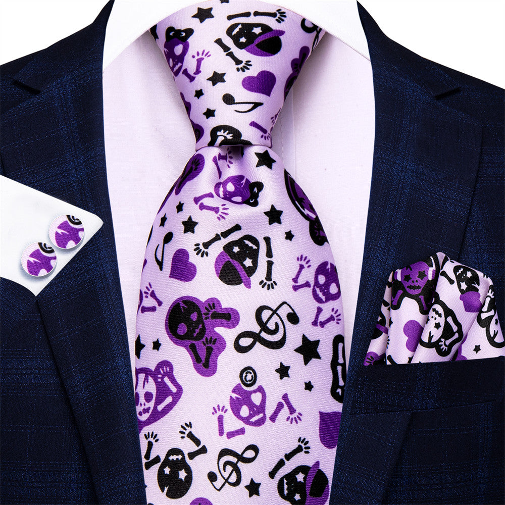 Purple Skull & Music Note Necktie Set with Pocket Square and Cufflinks tie sets    - Sophisticated Gentlemen