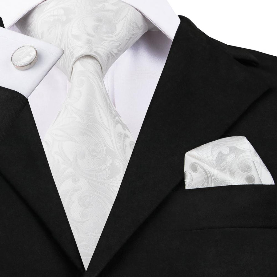 Silver White Floral Silk XL Tie, Pocket Square and Cufflinks tie sets    - Sophisticated Gentlemen
