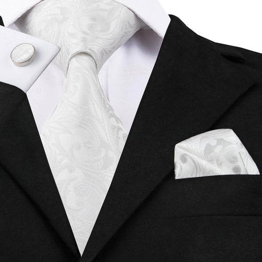 Silver White Floral Silk XL Tie, Pocket Square and Cufflinks tie sets    - Sophisticated Gentlemen