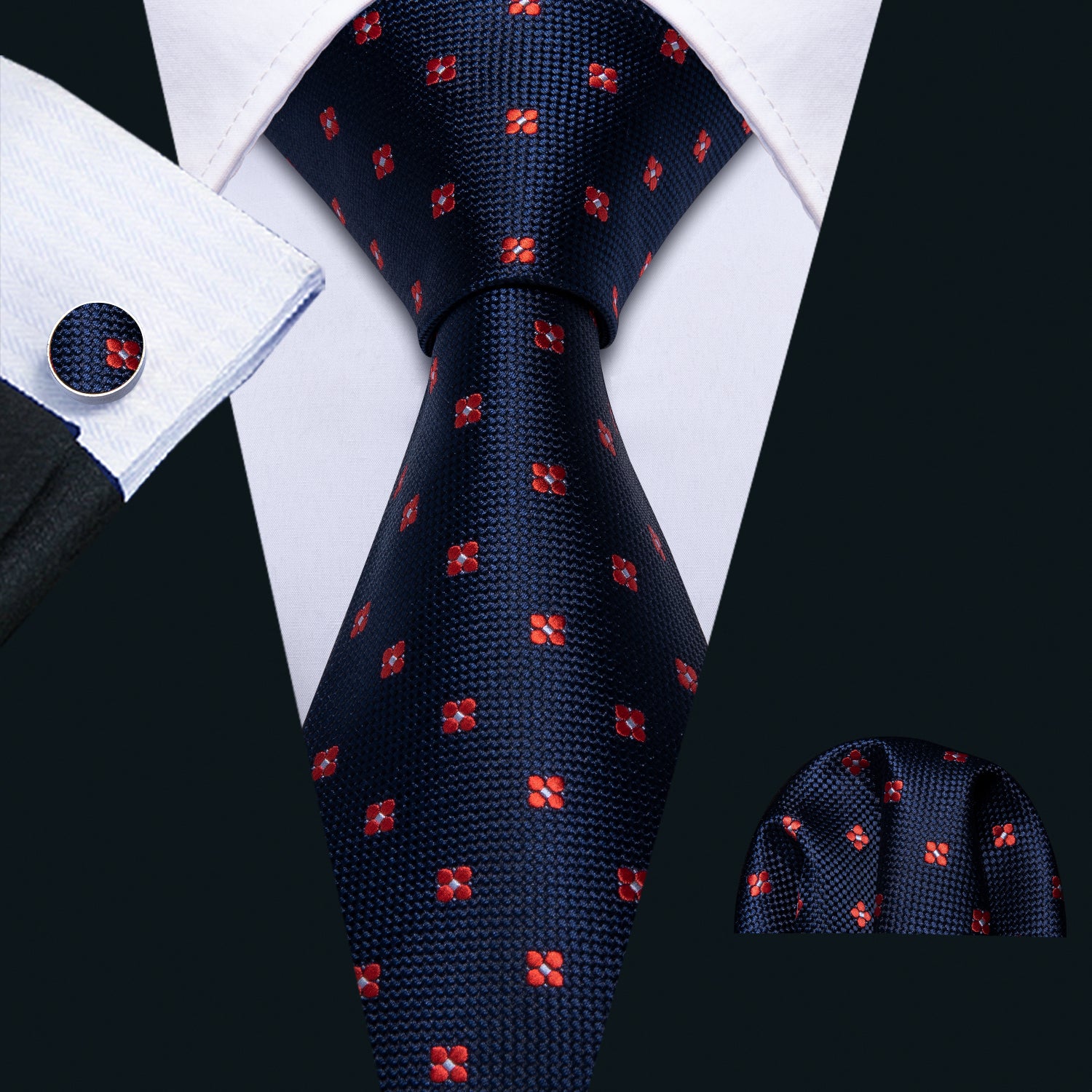 Little Red Flowers Tie, Pocket Square and Cufflinks tie sets    - Sophisticated Gentlemen