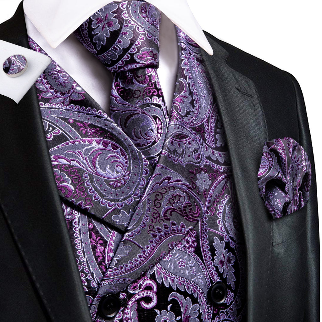 Purple and Black Paisley Vest Set Vest set S (Chest 40)   - Sophisticated Gentlemen