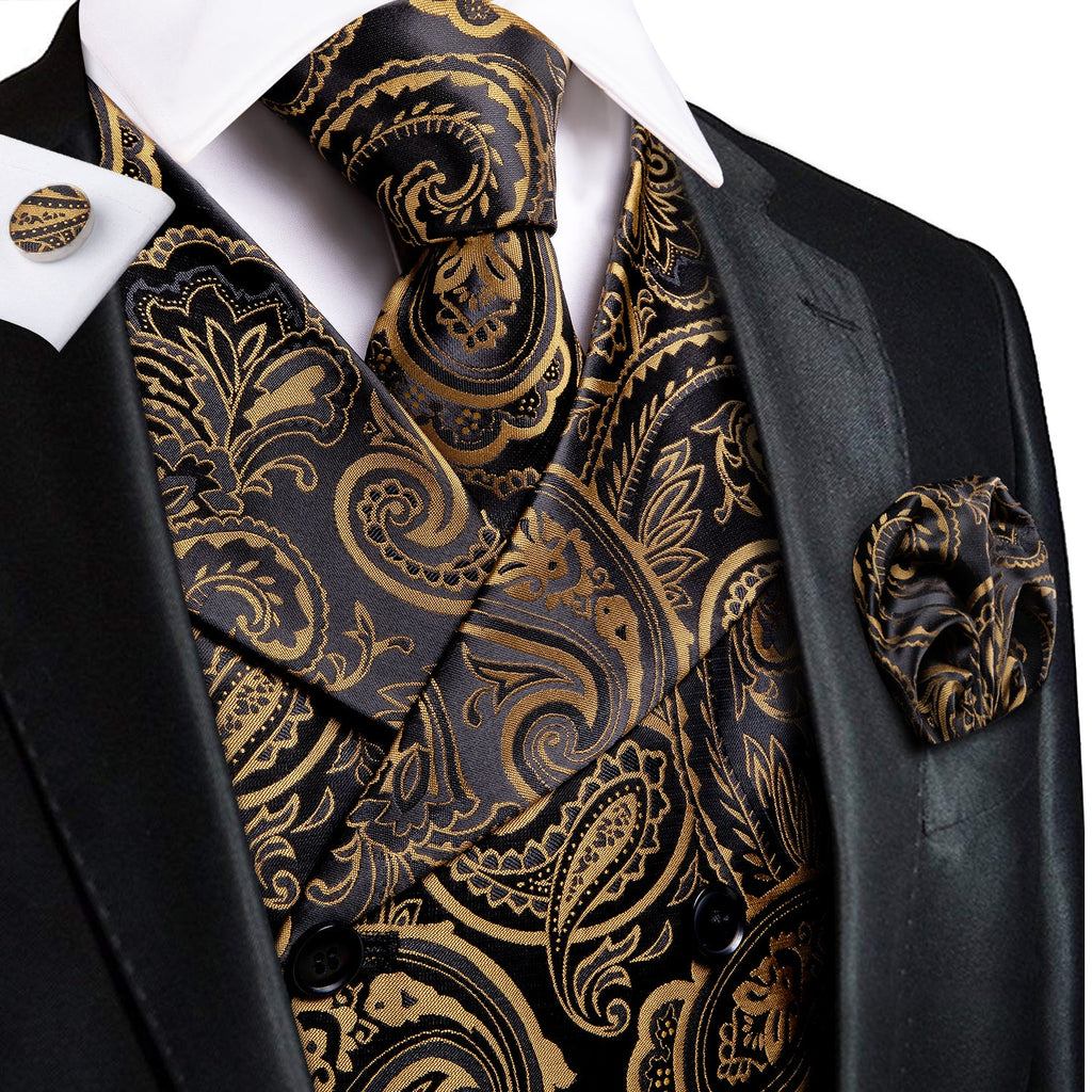 Gold and Black Paisley Vest Set vest set S (Chest 40)   - Sophisticated Gentlemen