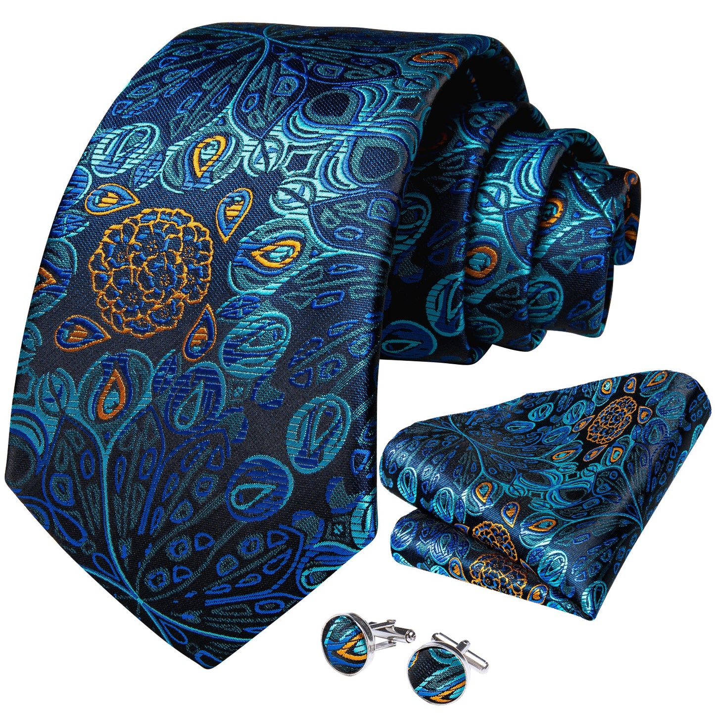 Peacock Eyes Tie, Pocket Square and Cufflinks tie sets    - Sophisticated Gentlemen