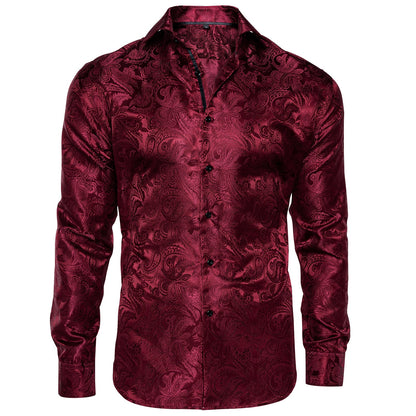 red men's dress shirt Barry. Wang Men Red Western Dress Shirt Paisley Woven Texture Silk 70s Disco Shirt Slim Fit, L