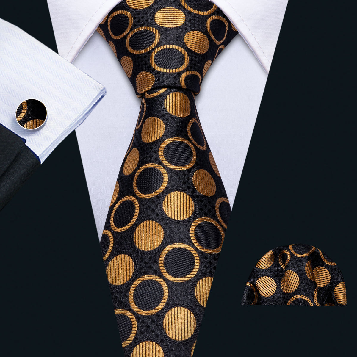 Gold Circles Tie, Pocket Square and Cufflinks – Sophisticated Gentlemen