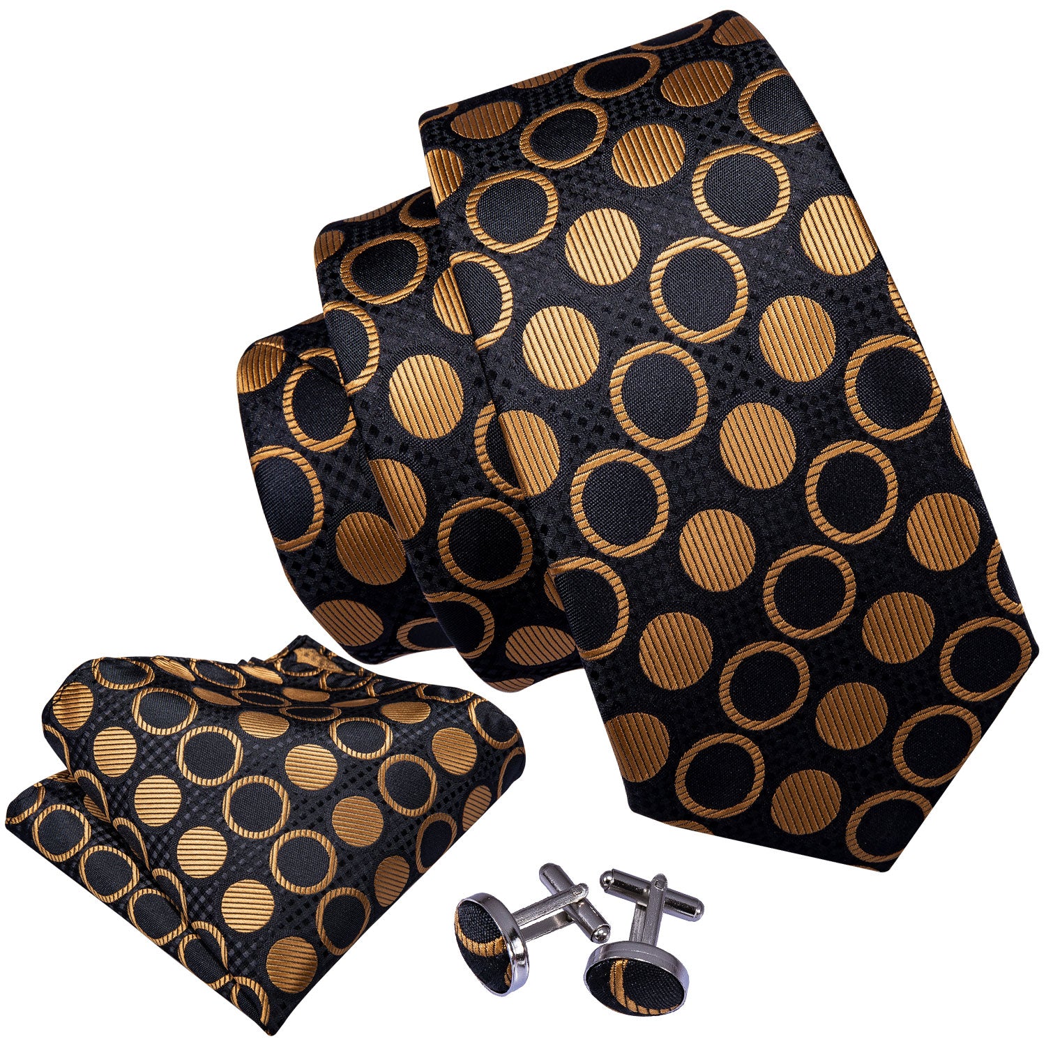 Gold Circles Tie, Pocket Square and Cufflinks tie sets    - Sophisticated Gentlemen