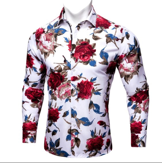Red, Blue and White Floral Dress Shirt shirt S   - Sophisticated Gentlemen