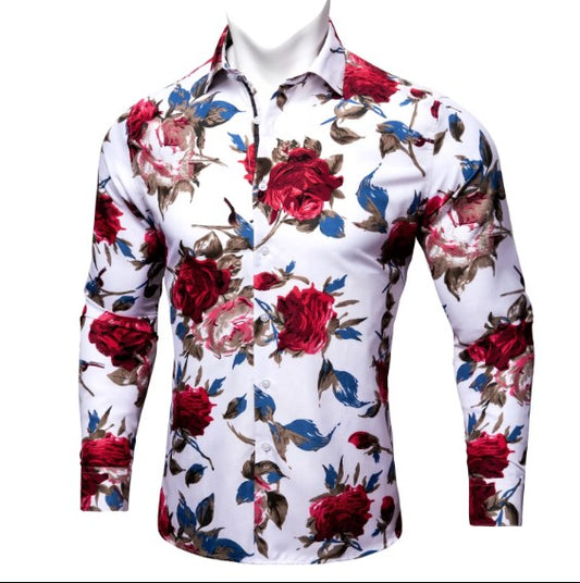 Red, Blue and White Floral Dress Shirt shirt S   - Sophisticated Gentlemen