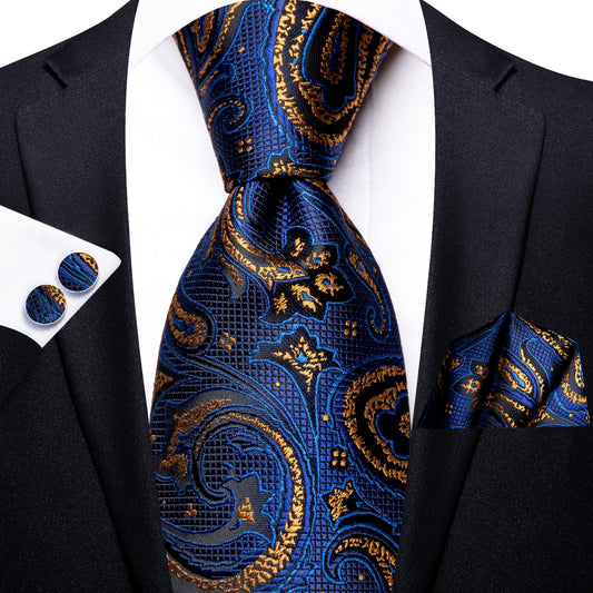 Blue and Gold Paisley Silk Tie, Pocket Square and Cufflinks tie sets    - Sophisticated Gentlemen