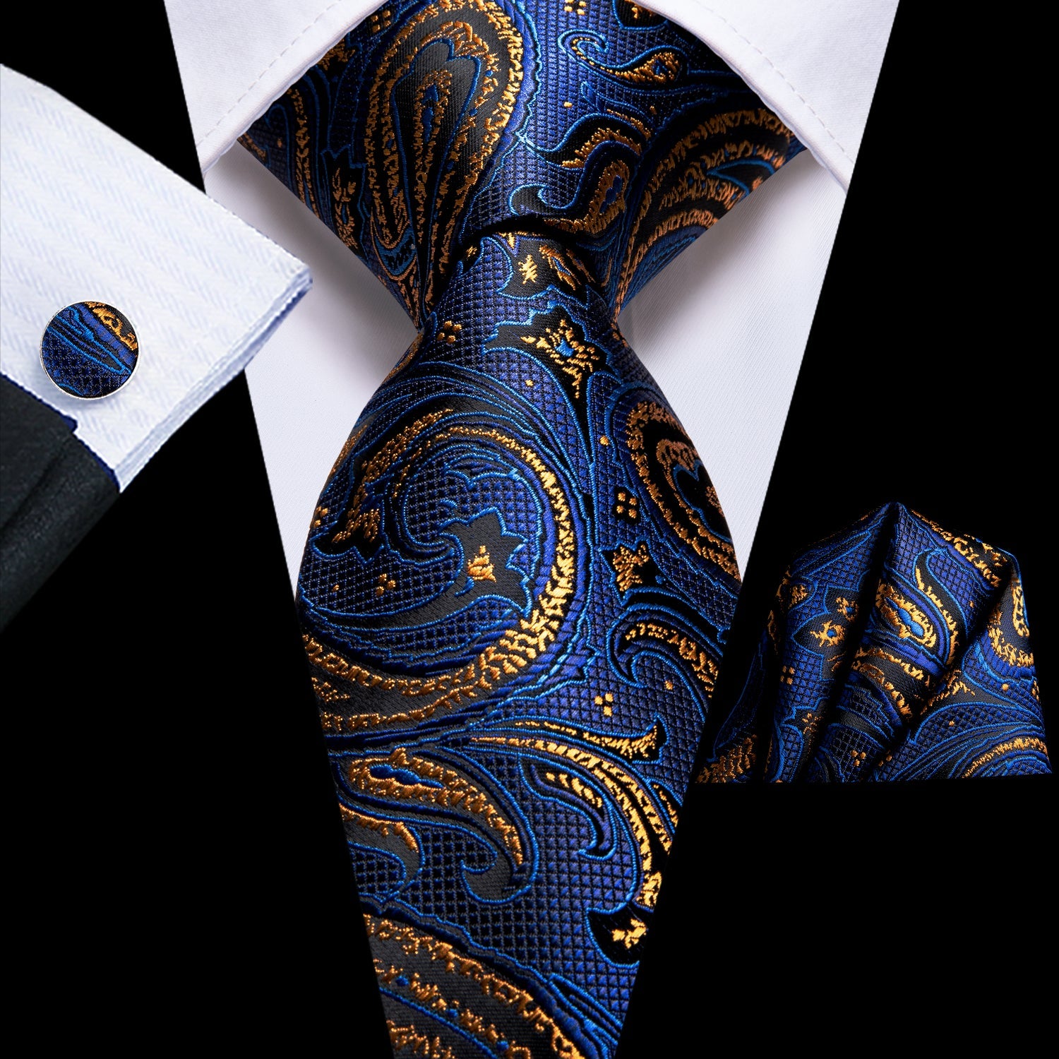 Blue and Gold Paisley Silk Tie, Pocket Square and Cufflinks tie sets    - Sophisticated Gentlemen