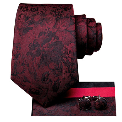 Red and Black Floral Silk Tie, Pocket Square and Cufflinks tie sets    - Sophisticated Gentlemen