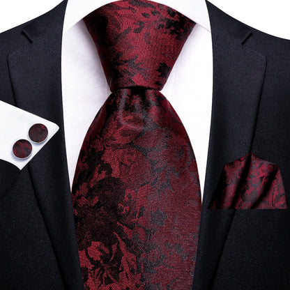 Red and Black Floral Silk Tie, Pocket Square and Cufflinks tie sets    - Sophisticated Gentlemen