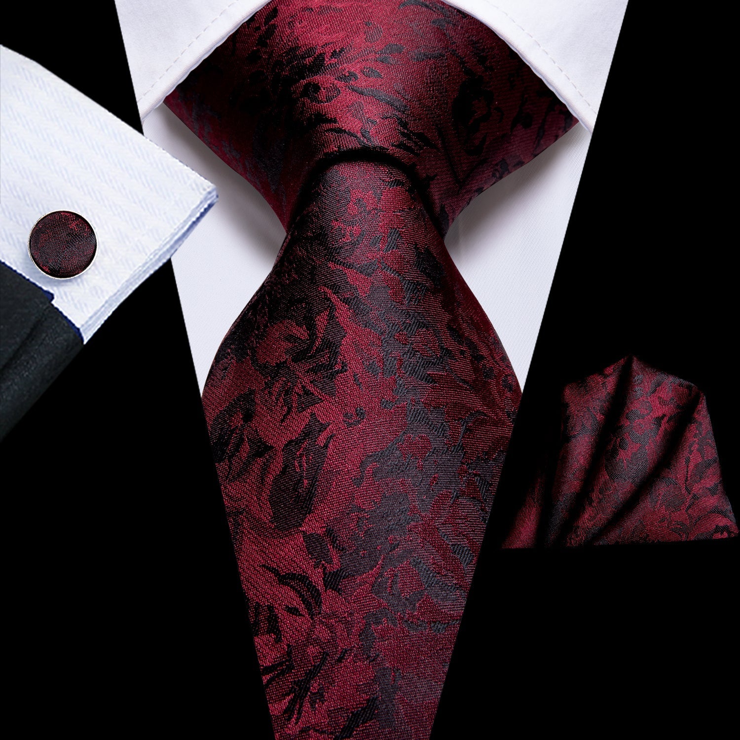 Red and Black Floral Silk Tie, Pocket Square and Cufflinks tie sets    - Sophisticated Gentlemen