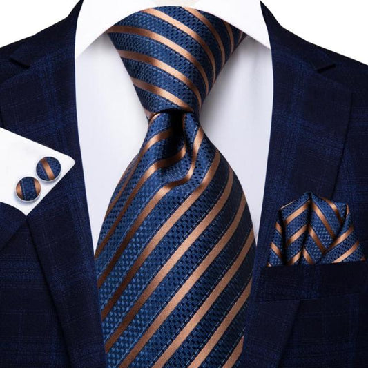 Leeson Stripes Silk Tie, Blue / Gold tie sets - Sophisticated Gentlemen