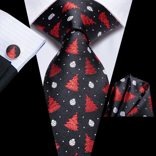 Christmas Balls and Trees Tie, Pocket Square and Cufflinks in Black tie sets - Sophisticated Gentlemen