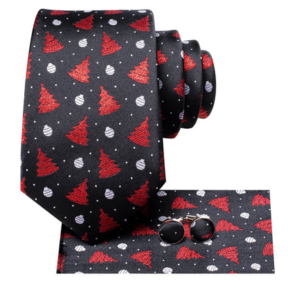 Christmas Balls and Trees Tie, Pocket Square and Cufflinks in Black tie sets    - Sophisticated Gentlemen