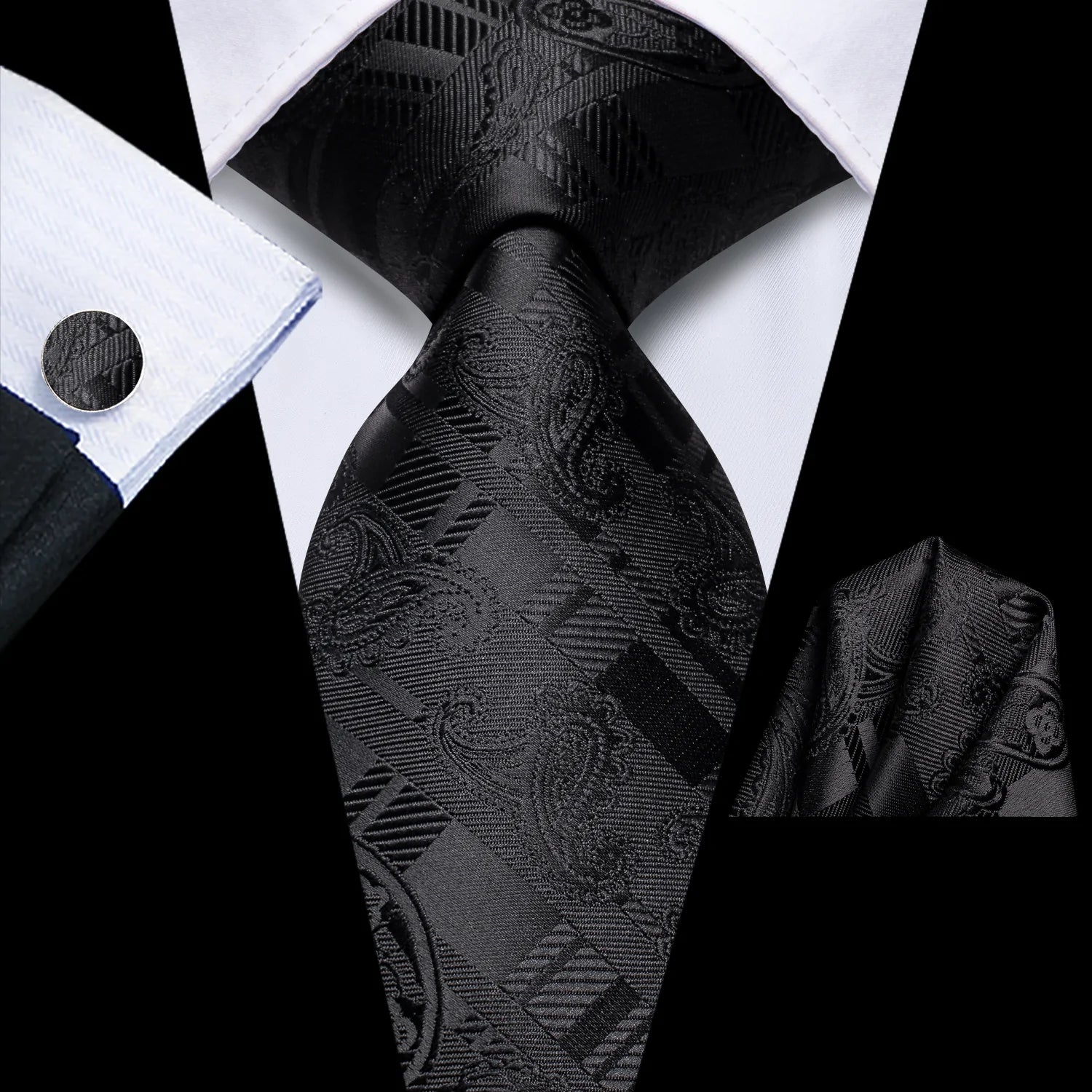 Black Paisley Tie, Pocket Square and Cufflinks tie sets - Sophisticated Gentlemen