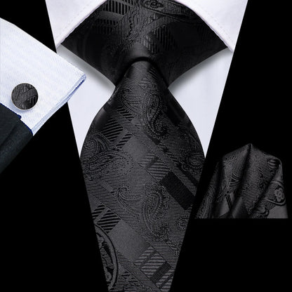 Black Paisley Tie, Pocket Square and Cufflinks tie sets - Sophisticated Gentlemen