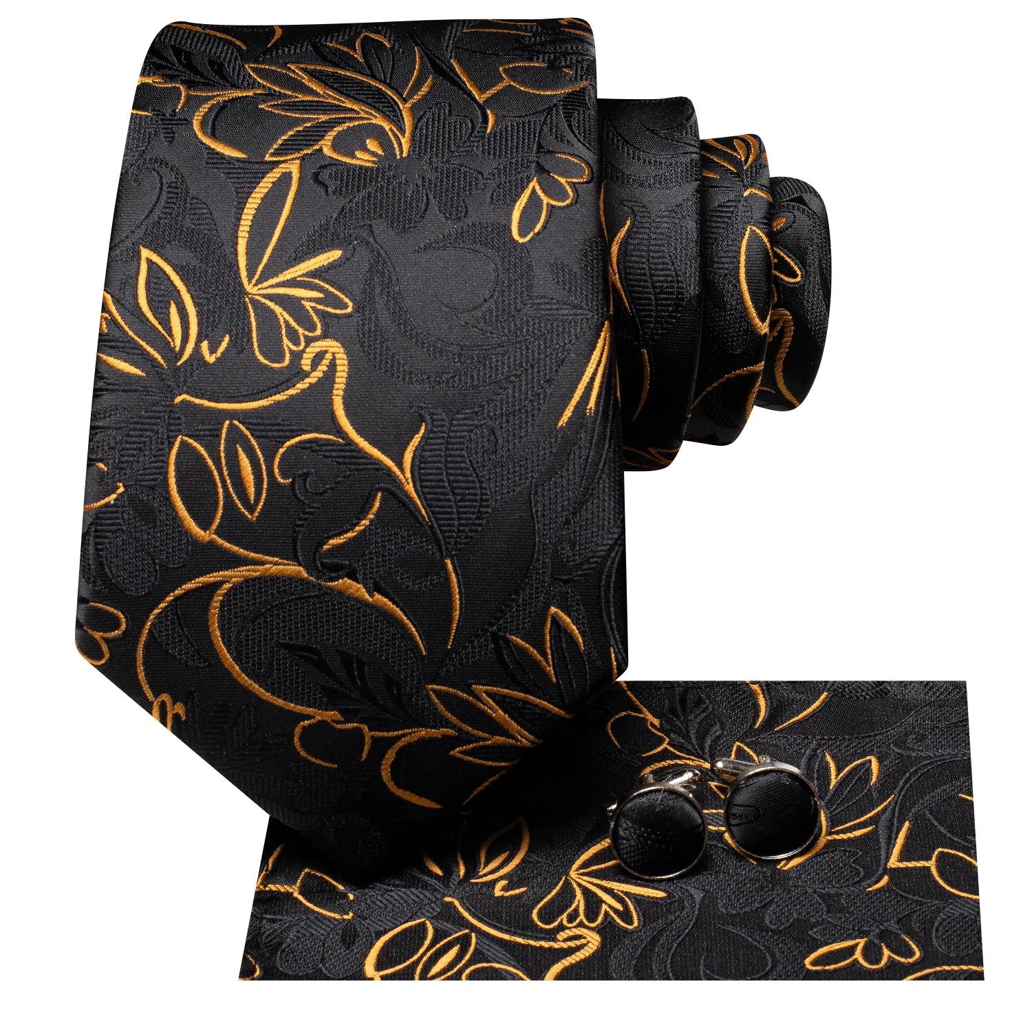 Black and Gold Floral Tie, Pocket Square and Cufflinks tie sets    - Sophisticated Gentlemen