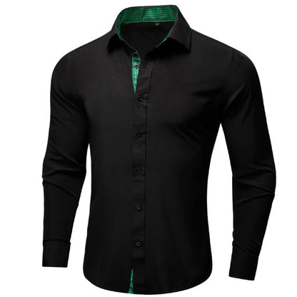 Black Shirt with Green Plaid Accent shirt S   - Sophisticated Gentlemen