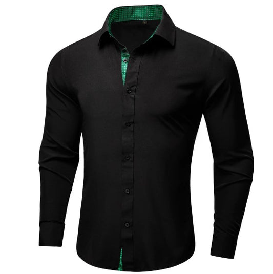 Black Shirt with Green Plaid Accent shirt S   - Sophisticated Gentlemen