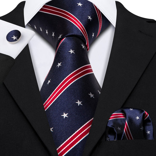 Navy Patriotic Star & Stripe Tie, Pocket Square & Cufflinks Set – American Flag-Inspired Design tie set - Sophisticated Gentlemen