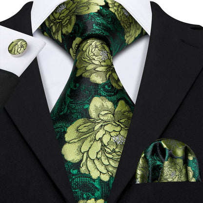 Green Peony Tie, Pocket Square and Cufflinks tie sets Default Title - Sophisticated Gentlemen