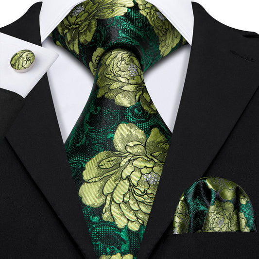 Green Peony Tie, Pocket Square and Cufflinks tie sets Default Title - Sophisticated Gentlemen