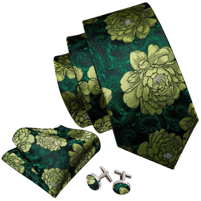 Green Peony Tie, Pocket Square and Cufflinks tie sets    - Sophisticated Gentlemen