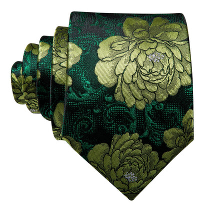 Green Peony Tie, Pocket Square and Cufflinks tie sets    - Sophisticated Gentlemen