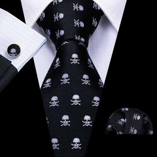 Black and Skulls Silk Tie Set tie set - Sophisticated Gentlemen