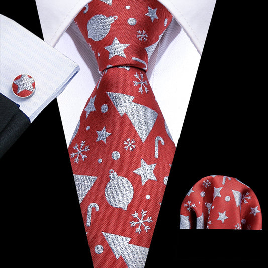 Snow Decorations Tie, Pocket Square and Cufflinks In Red tie sets - Sophisticated Gentlemen