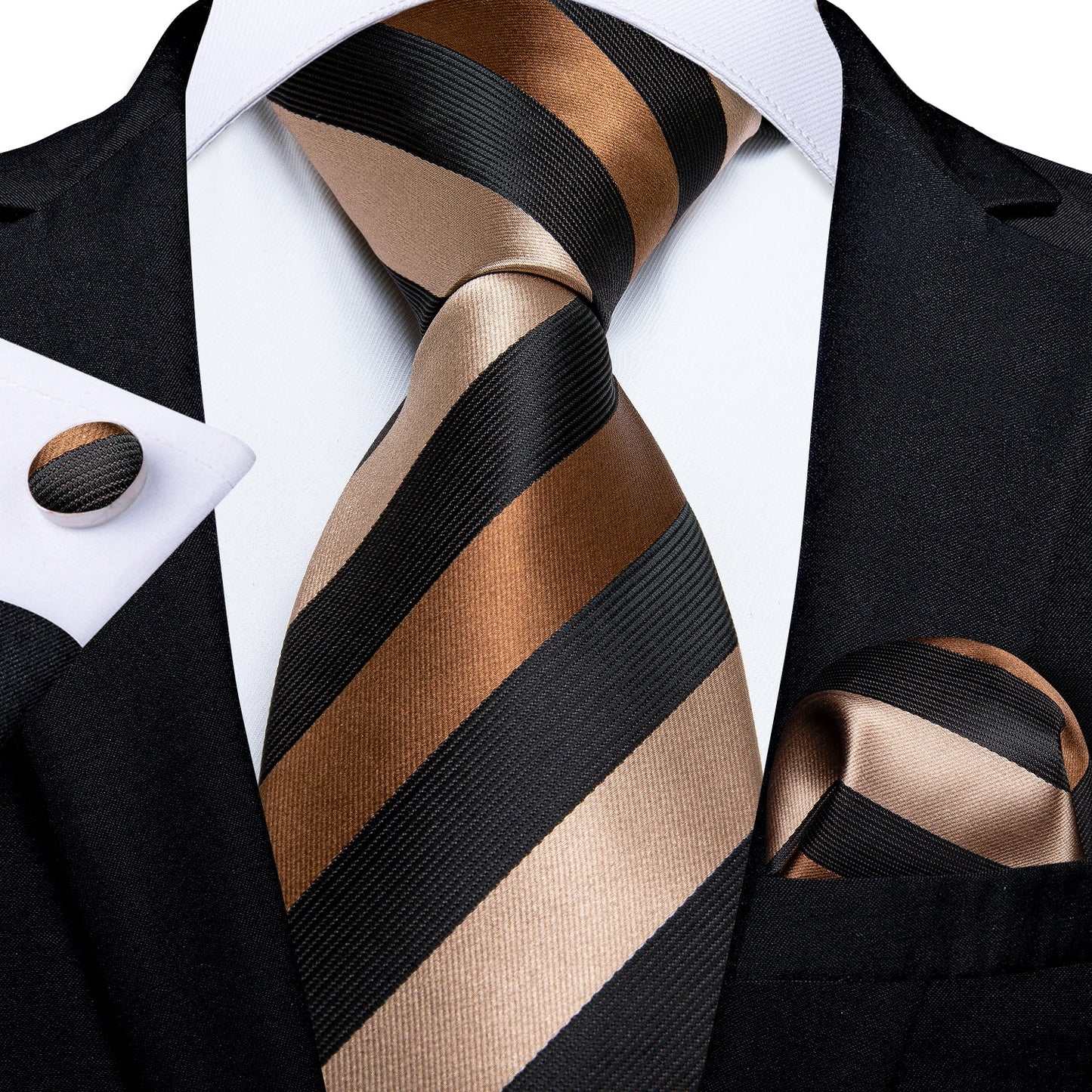 Silver, brown and black striped men’s tie with matching pocket square and cufflinks set