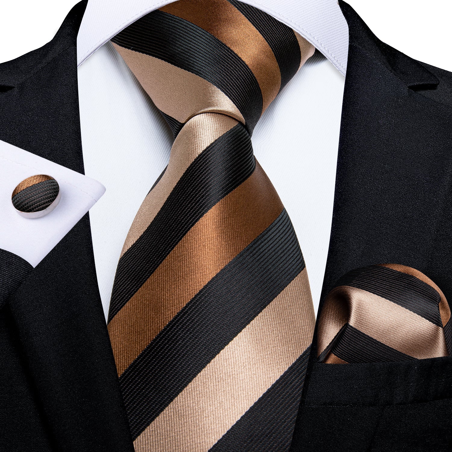 Silver, brown and black striped men’s tie with matching pocket square and cufflinks set