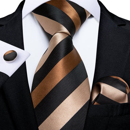 Silver, brown and black striped men’s tie with matching pocket square and cufflinks set