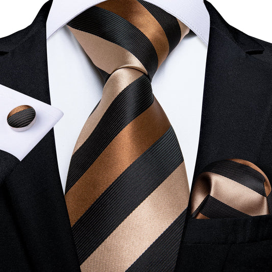 Silver, brown and black striped men’s tie with matching pocket square and cufflinks set
