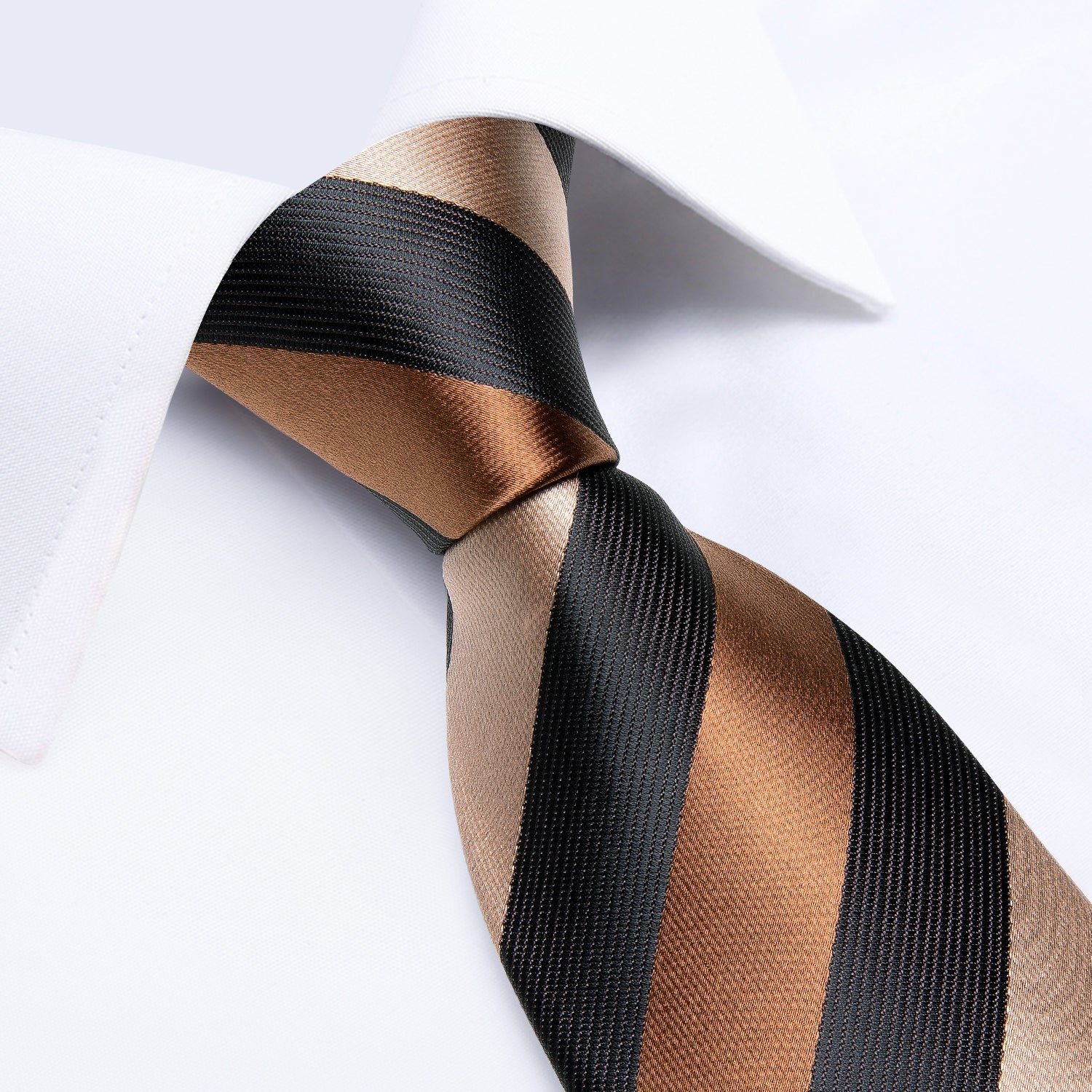 Close-up of silver brown black striped necktie fabric texture and diagonal stripe pattern