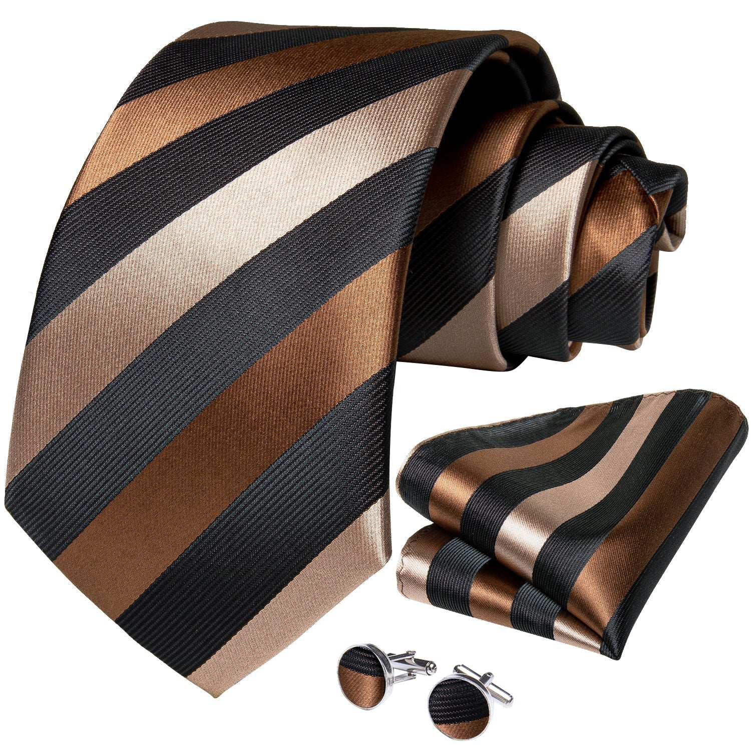 Full set display – striped tie, handkerchief and cufflinks for men’s formal wear
