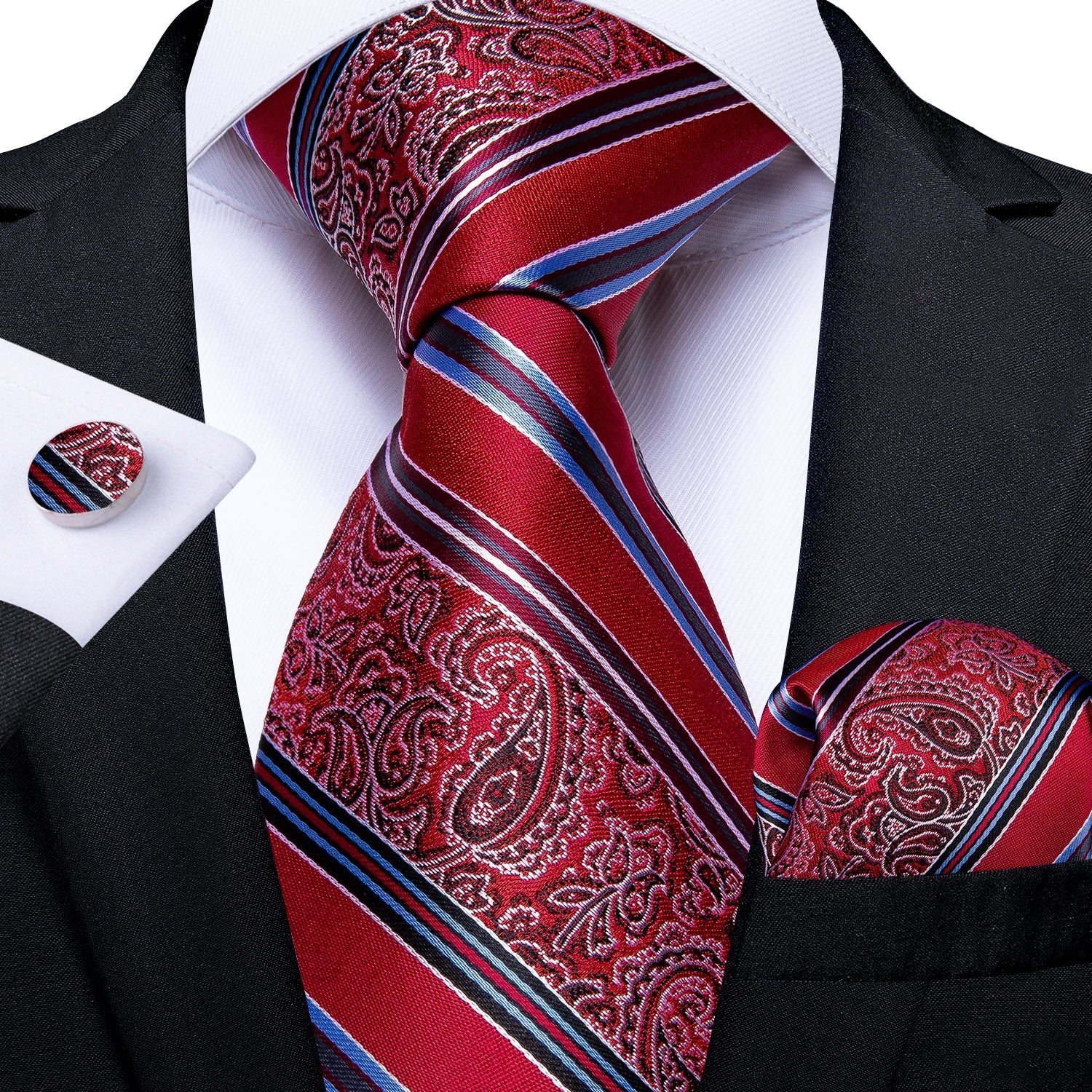 Red Fantasy Stripe Tie, Pocket Square and Cufflinks tie sets - Sophisticated Gentlemen