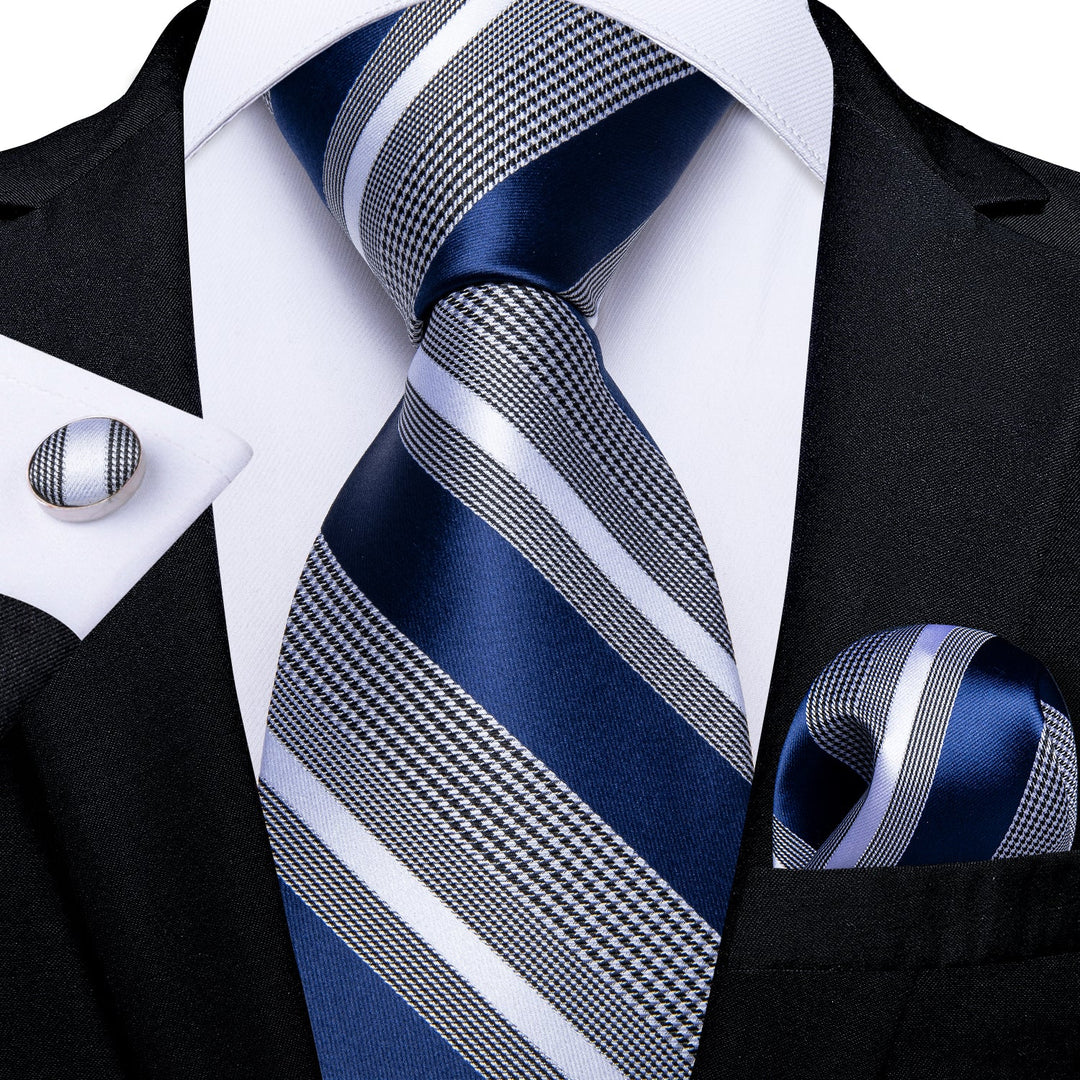 Royal Blue and Gray Striped Tie, Pocket Square and Cufflinks tie sets    - Sophisticated Gentlemen