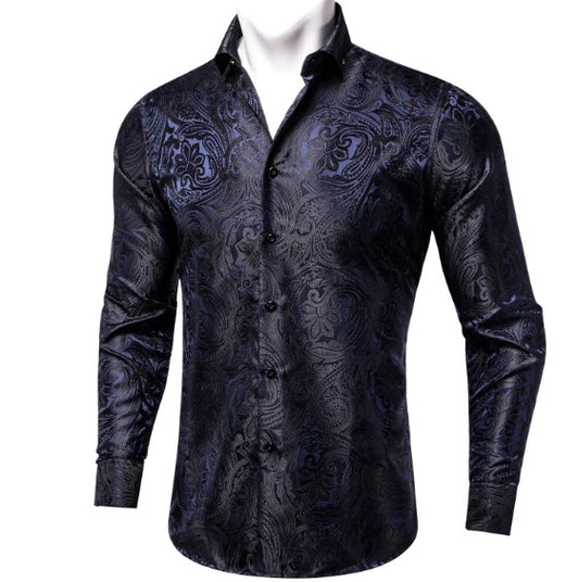 Dark Blue and Black Paisley Silk Dress Shirt shirt S   - Sophisticated Gentlemen