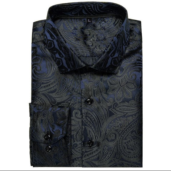 Dark Blue and Black Paisley Silk Dress Shirt L