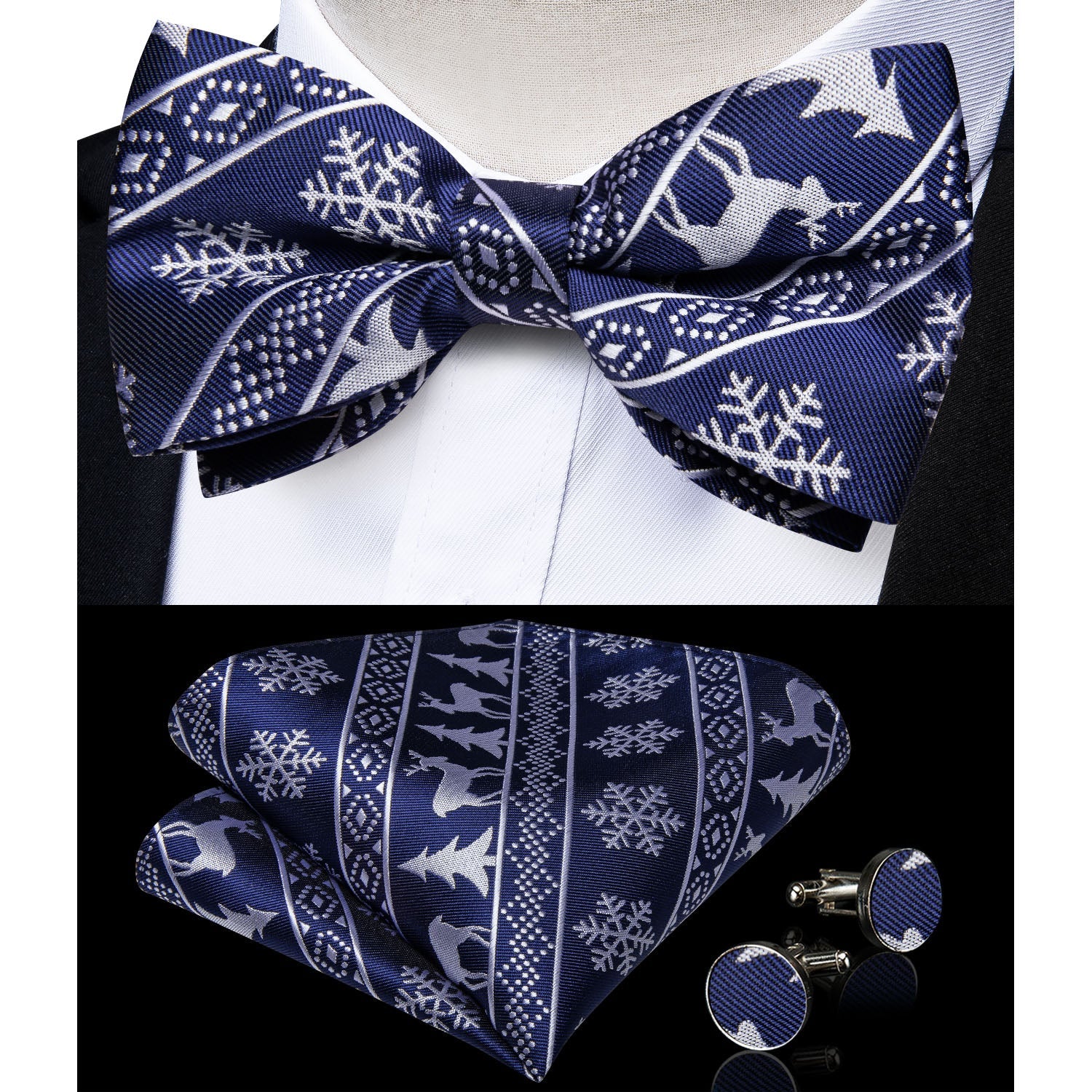 Ugly Christmas Sweater Bow Tie and Suspenders Set in Blue bow tie    - Sophisticated Gentlemen