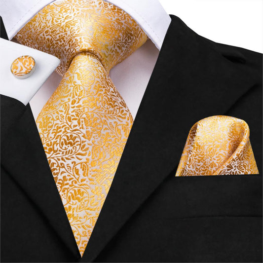 Gold Tree Tie, Pocket Square and Cufflinks tie sets    - Sophisticated Gentlemen