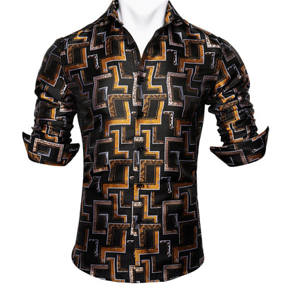 Black, Brown and Yellow Silk Dress Shirt, S Black, Brown and Yellow Silk Dress Shirt, S
