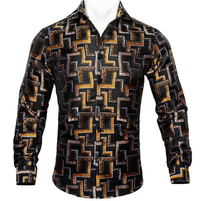 Black, Brown and Yellow Silk Dress Shirt shirt S   - Sophisticated Gentlemen